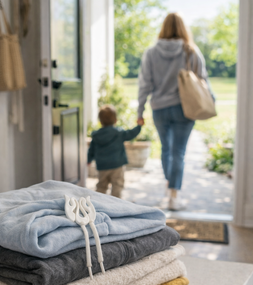 Stack of folded clothes on a table with a woman and child in the background