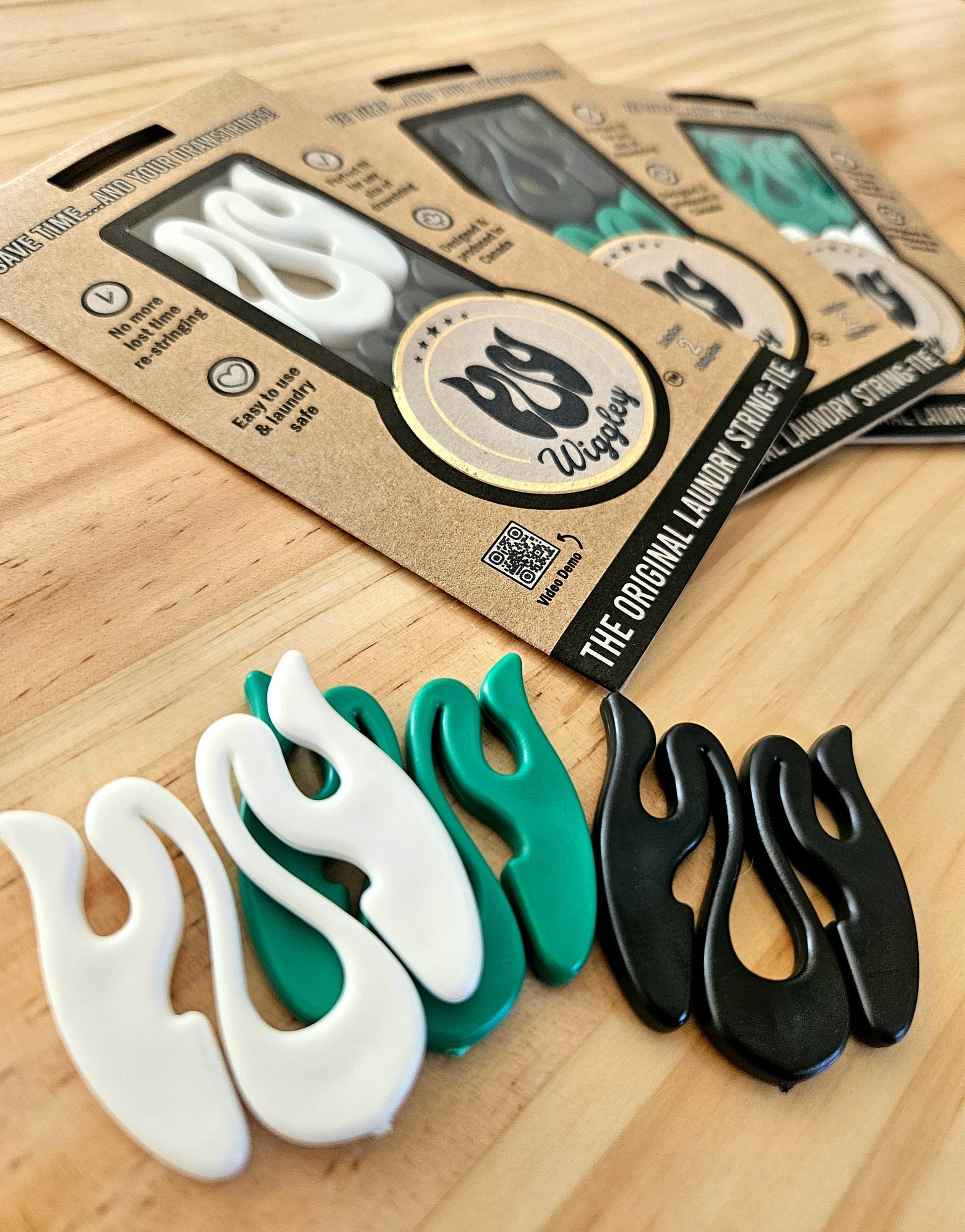 Wiggley String-Ties come in three colors, white, green and black. Each pack of this laundry tool has two random colors packed inside.