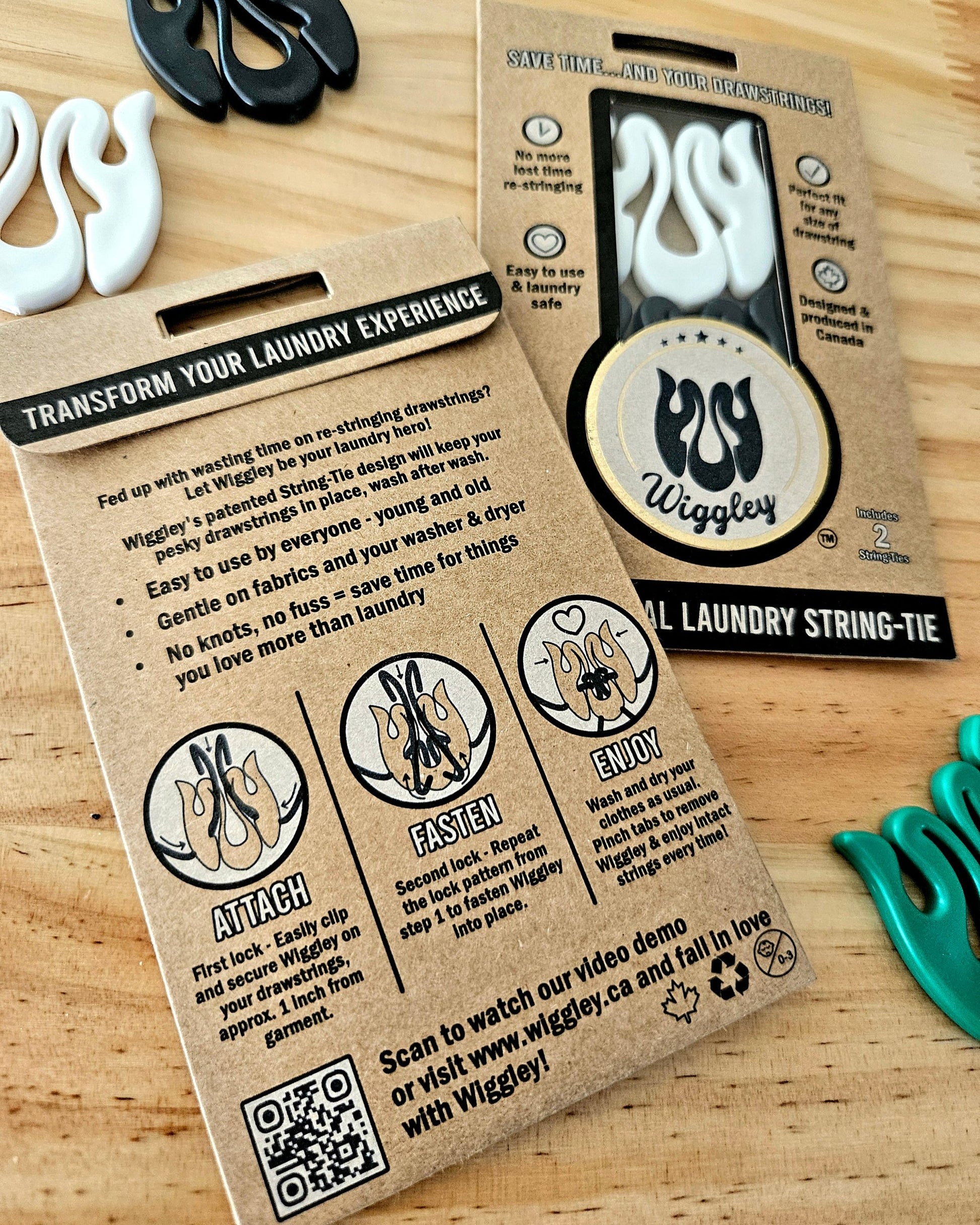 Back of Wiggley product packaging, easy detailed instructions on how to use this laundry tool to simplify your laundry routine with Wiggley, securing drawstrings on clothing items.