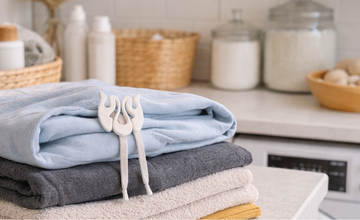 Stack of folded clothes on a laundry room counter with Wiggley String Tie and cleaning supplies in the background.