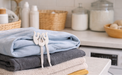 Stack of folded clothes on a laundry room counter with Wiggley String Tie and cleaning supplies in the background.